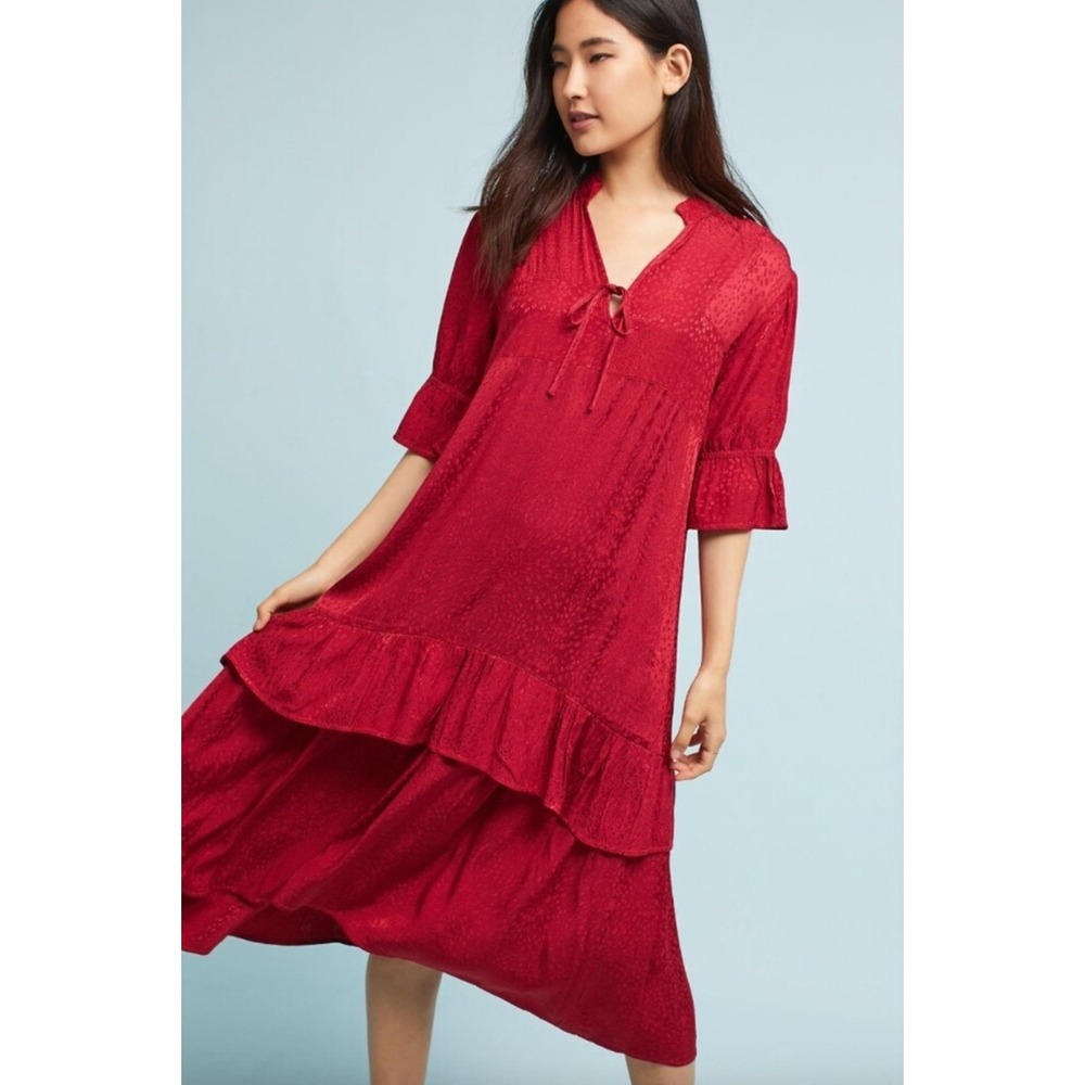 LACAUSA Imelda Jacquard Ruffled Dress Peasant Tiered Midi Red Small